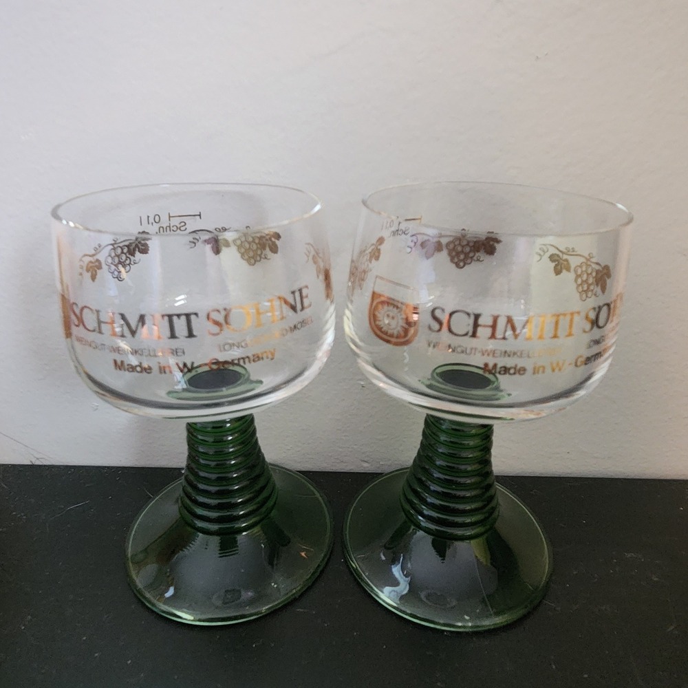 Schmitt Sohne Vintage Wine Glasses Green Stem German Wine Goblets Set of 2